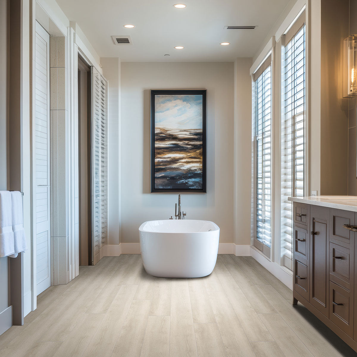 Porcelain tile, hardwood, and vinyl flooring