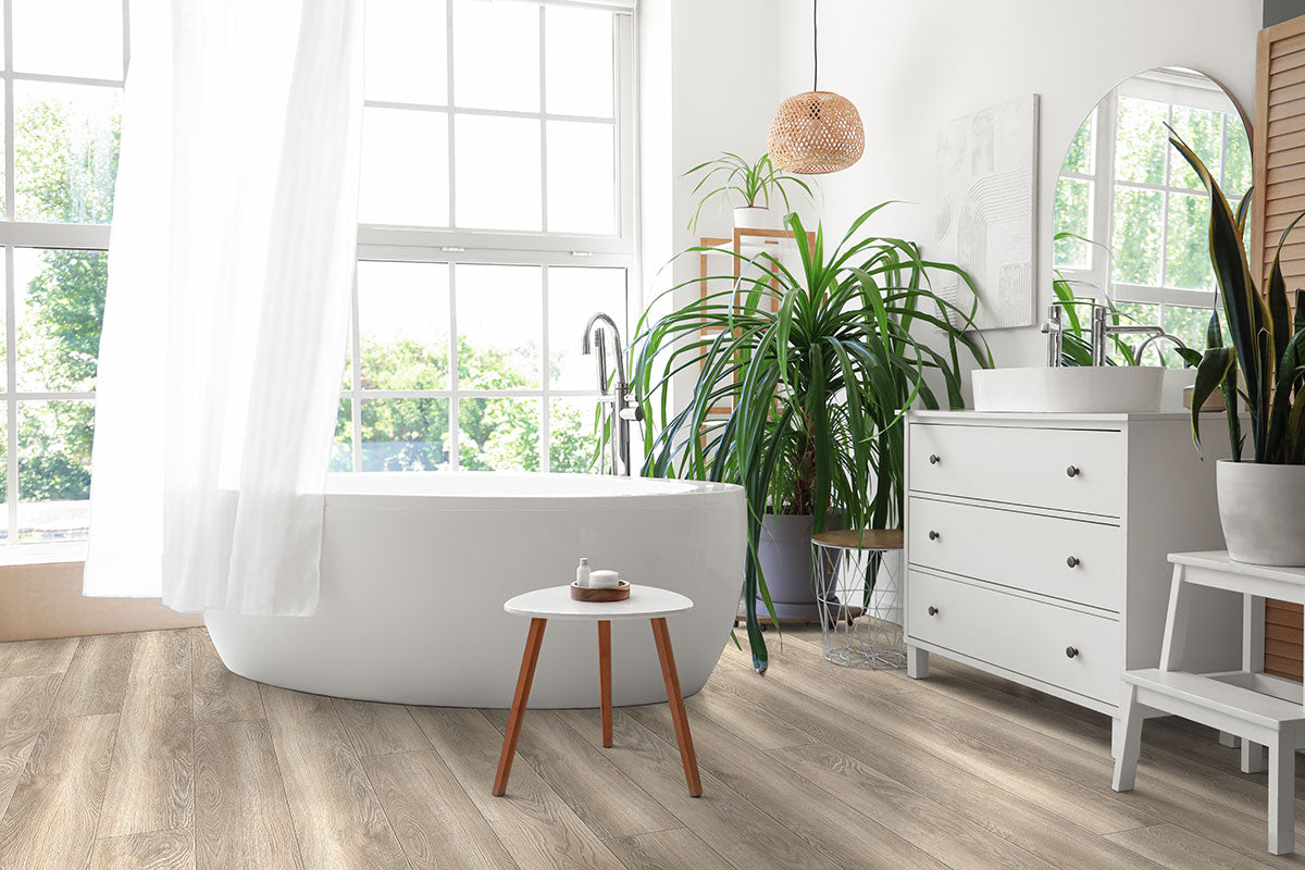 Porcelain tile, hardwood, and vinyl flooring